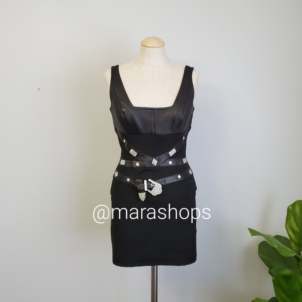 Vintage John Murrough 90's black belted hardware mini dress